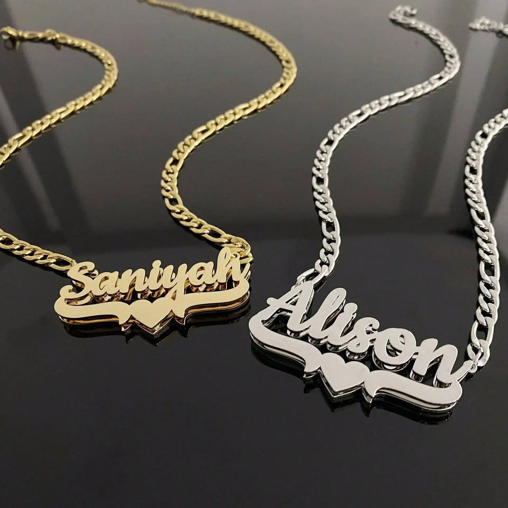 Showlu Custom Double Name Necklace with stainless steel Figaro chain, featuring personalized engraved names on a stylish jewelry piece.