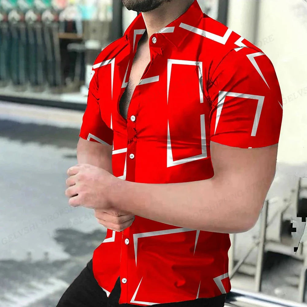 Men's Showlu geometric 3D print Hawaiian shirt with short sleeves and vibrant tropical pattern, casual Cuba blouse for summer wear.
