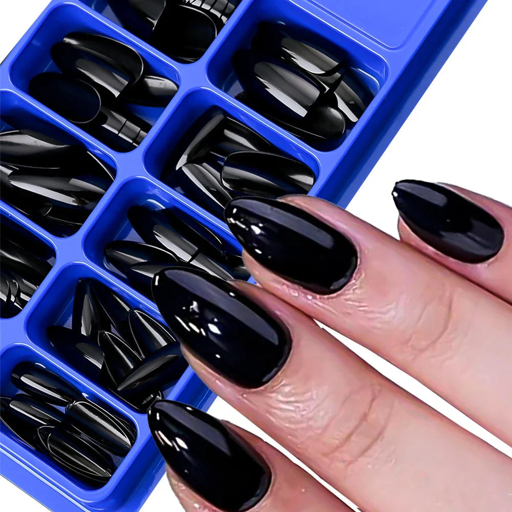 Set of 100 black matte almond press-on nails with medium acrylic tips from MAFANAILS, perfect for easy, stylish manicures.
