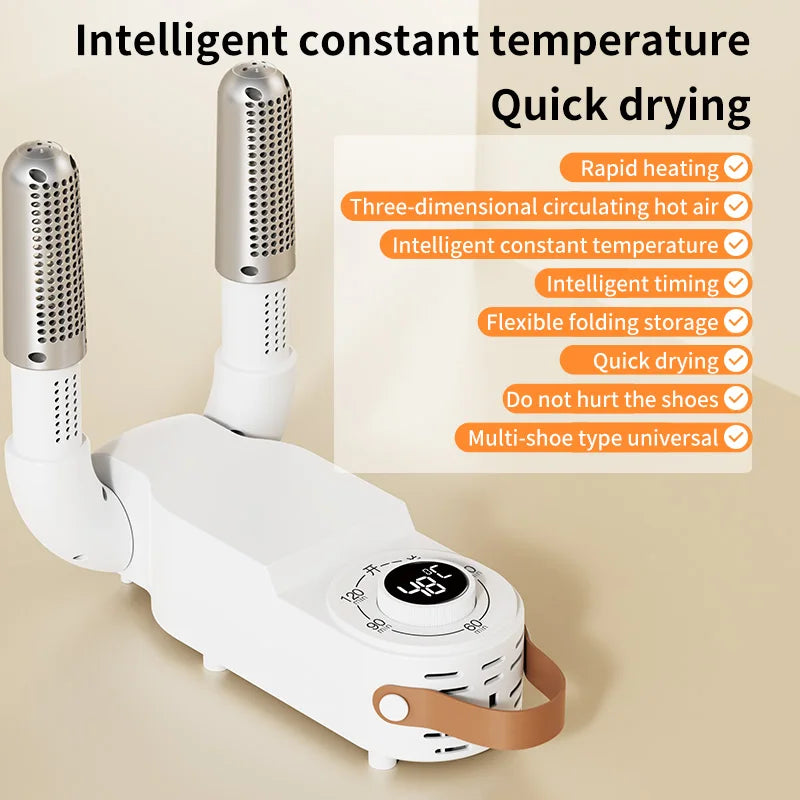 Showlu Smart Electric Shoe Dryer with 150W power, portable design, deodorizer feature, and timer for quick, efficient shoe drying.