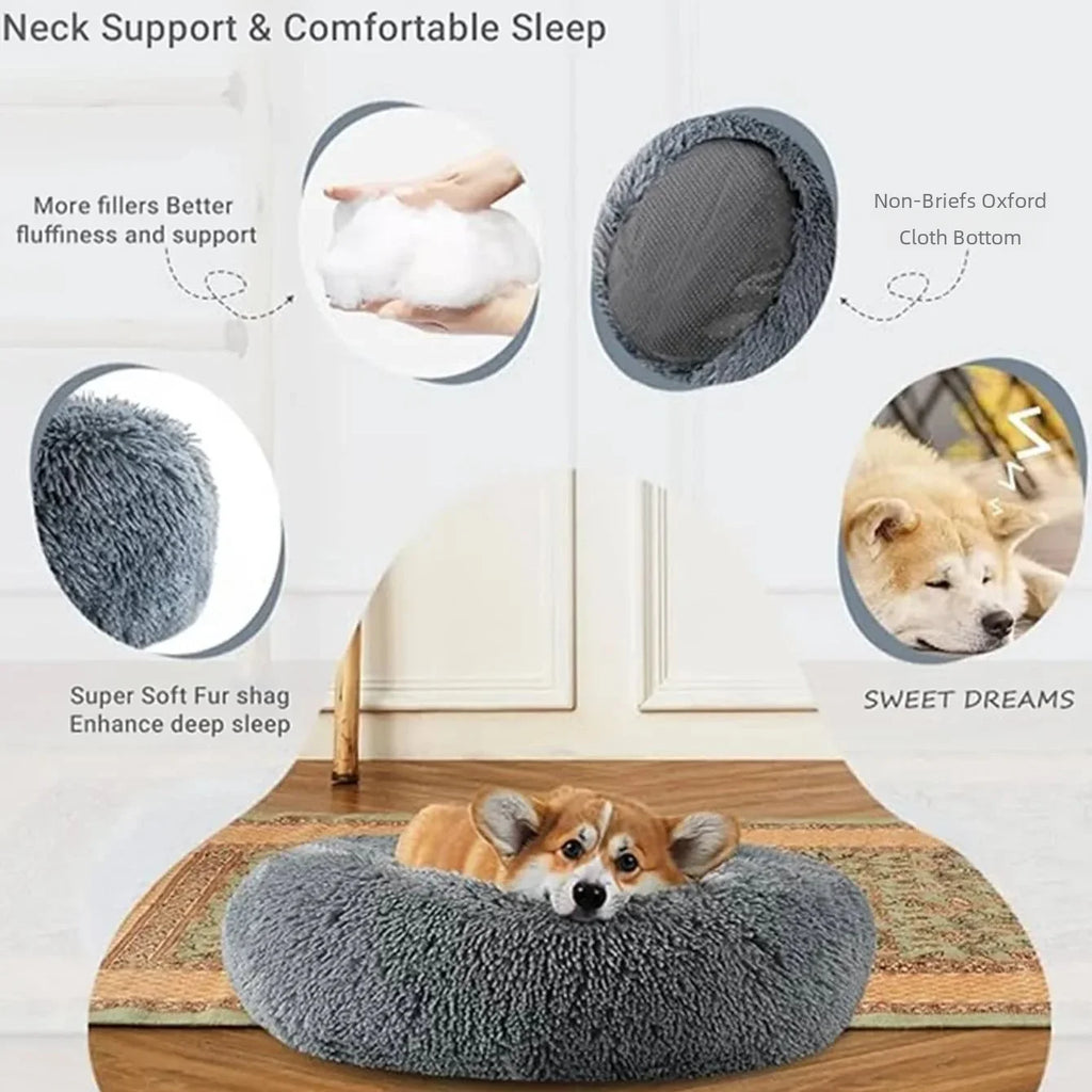 Showlu Round Plush Pet Bed with soft, cozy fabric, designed for large dogs to rest comfortably in a warm, dog house style.