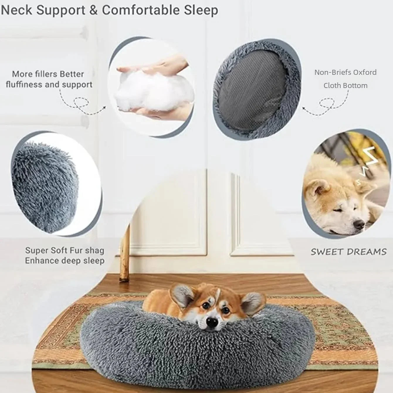 Showlu Round Plush Pet Bed with soft, cozy fabric, designed for large dogs to rest comfortably in a warm, dog house style.