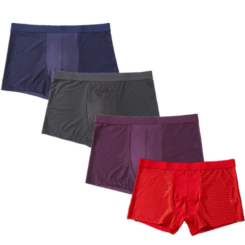 Showlu Men's Ice Silk Boxer Briefs in a 4-pack, breathable mesh underwear with a close-up of the lightweight, comfortable fabric.