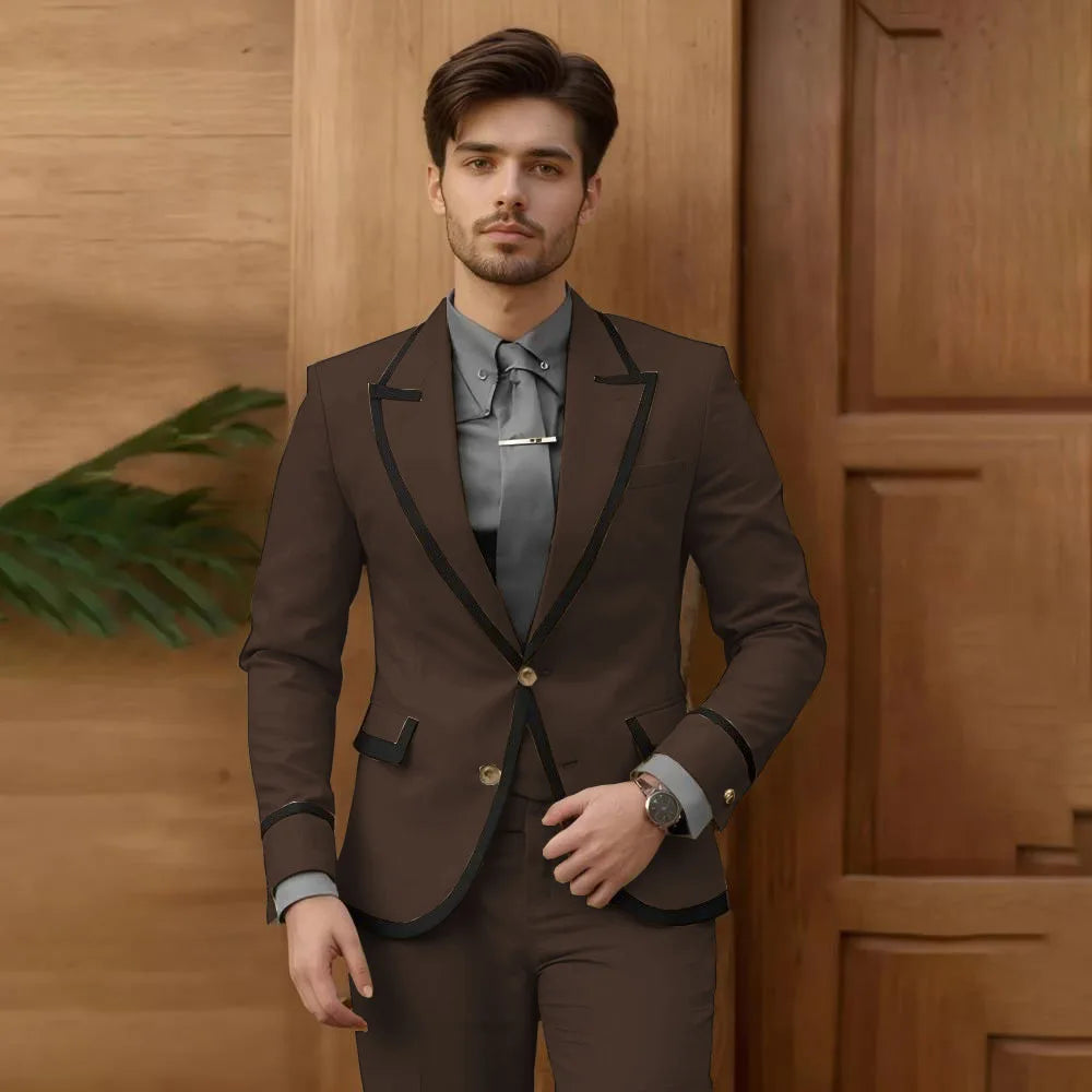 Beige men's fashion suit 2-piece set with single-breasted jacket and slim-fit pants, ideal for groomsmen, prom, or wedding tuxedos