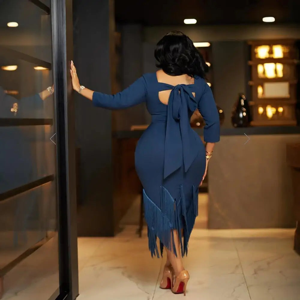Showlu Fashion Store new design African evening dress with tassels, casual and party-ready, featuring elastic fit for women.