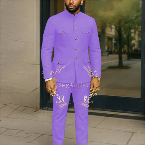 White stand collar men's suit jacket and trousers set, single-breasted tuxedo blazer for formal business and wedding occasions.