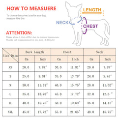 A size chart for a dog sweater showing measurements for back length, chest, and neck in cm and inch.