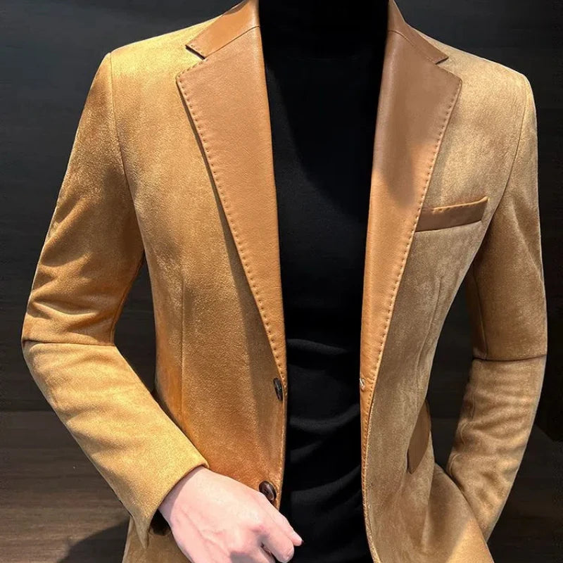 Men's long sleeve blazer by Showlu Fashion with turn-down collar, patchwork design, deer skin fabric, and Korean-style pockets.