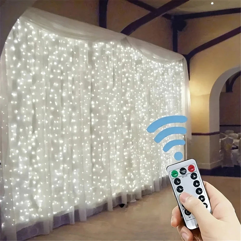 Showlu Smart General LED curtain fairy lights hanging with warm glow, ideal for home decor and festive ambiance.