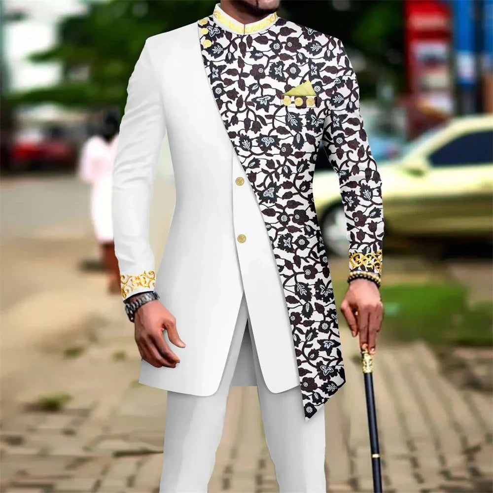 SHOWLU Men's African embroidery print suit, 2-piece slim fit wedding set with intricate embroidery and tailored design.