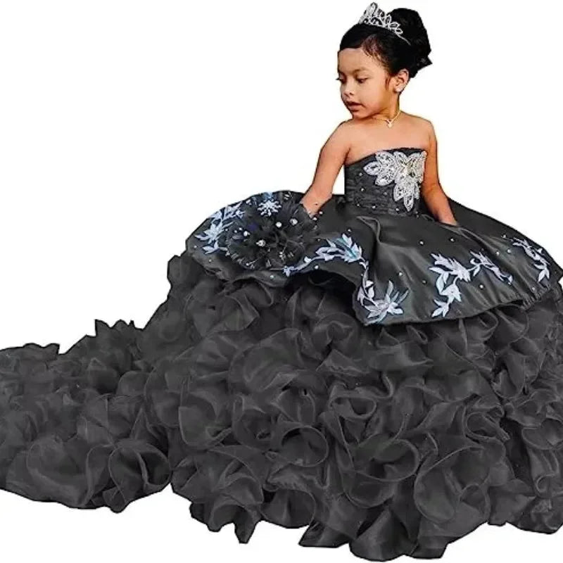 Elegant Flower Girl Dresses for Wedding Off Shoulders Appliques Layered Tail Kids Birthday First Communion Gowns Custom