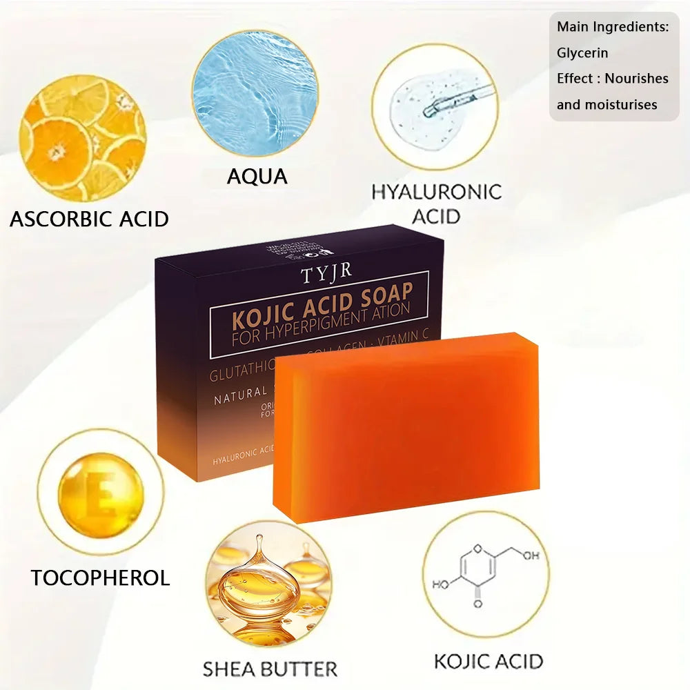 Handmade turmeric kojic acid soap bar for face and body, showing its natural golden color and textured surface for cleansing and exfoliation.
