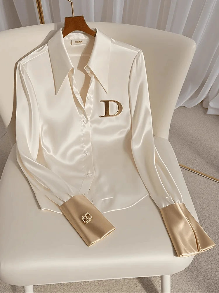 White satin women's blouse with slim fit long sleeves, perfect for office wear, from SHOWLU FASHION STORE.