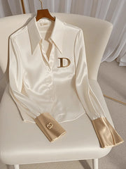 Elegant French Women's White Satin Shirt Turn-down Collar Long Sleeve Blouse Autumn/Winter for Women Casual Simple Office Lady