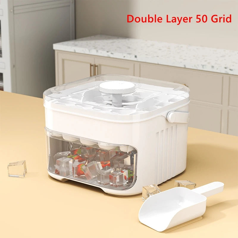 Showlu Smart Mini Portable Ice Cube Machine with 50-grid plastic ice box, compact and convenient for on-the-go ice making.