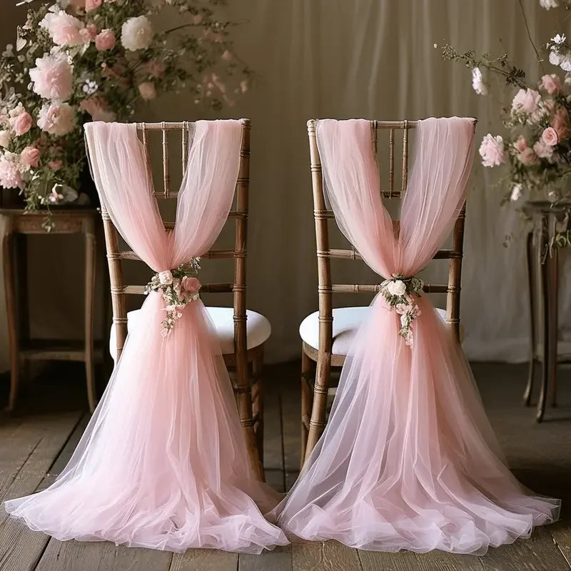 Set of 10 white gauze wedding chair sashes with bows, 200x75cm, for aisle and event decor, by Showlu Fashion Store.