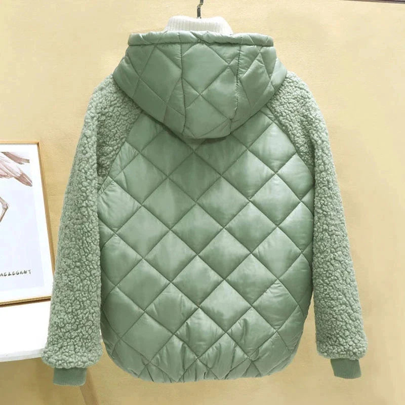 Women's hooded light down cotton jacket with short patchwork design, stylish and warm outerwear by SHOWLU FASHION STORE.
