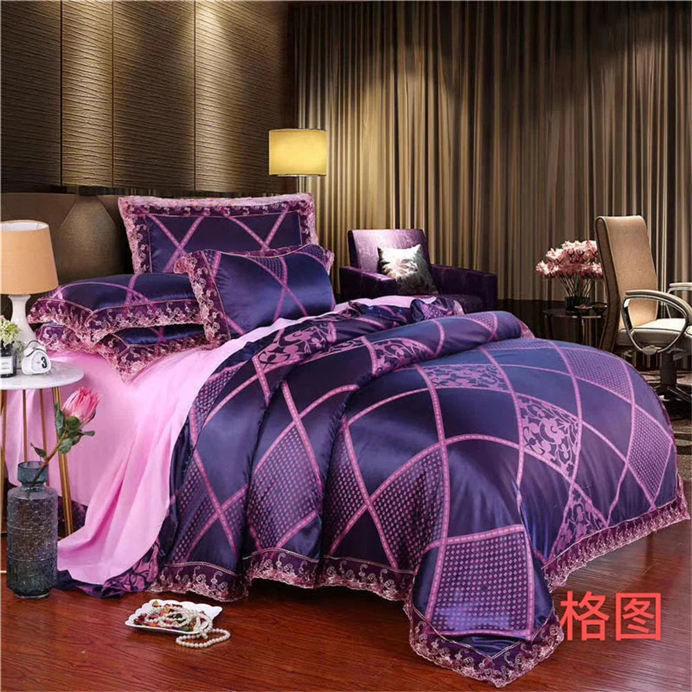 Nordic satin jacquard duvet cover set with floral pattern, luxurious bedding in soft satin fabric, ideal for elegant bedroom decor.
