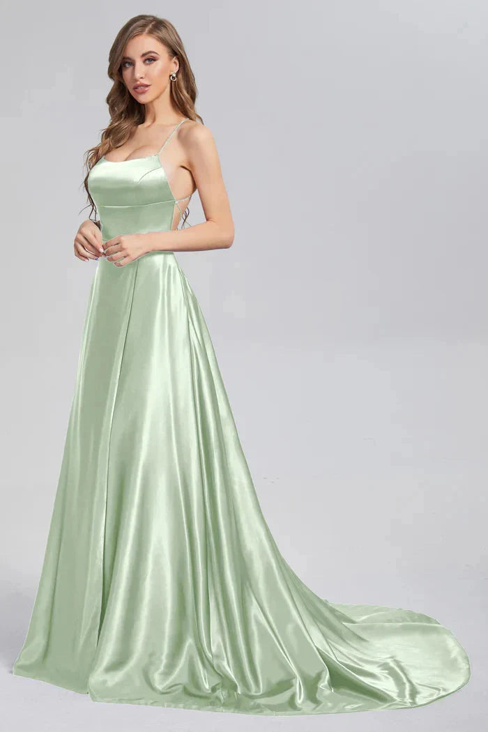 Elegant satin bridesmaid dress with cowl neck and leg slit by SHOWLU FASHION STORE, featuring an A-line silhouette and sophisticated design.