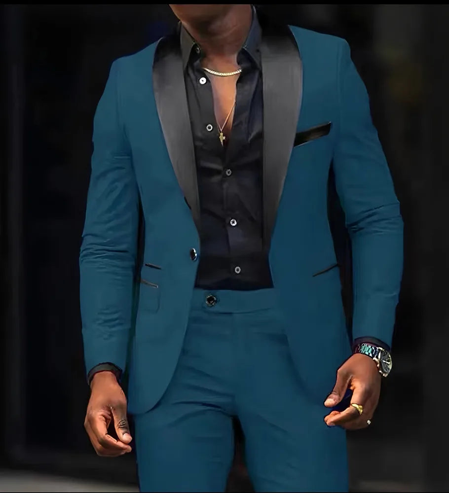 Men's slim fit wedding and business suit by Showlu Fashion Store, featuring a single-button jacket and matching pants set.