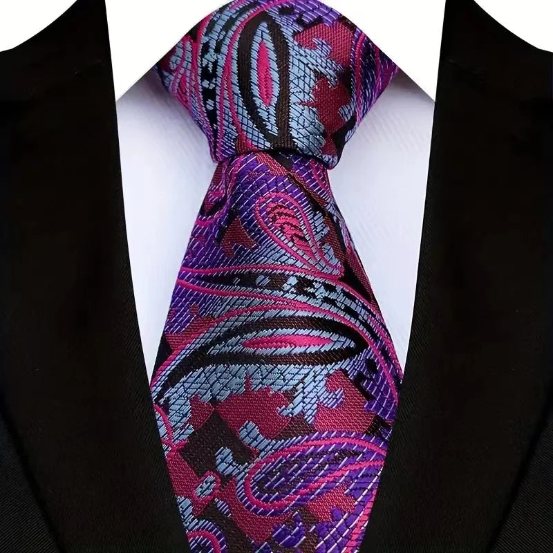 Purple floral plaid men's necktie with woven jacquard design, ideal for business, wedding, or formal occasions.