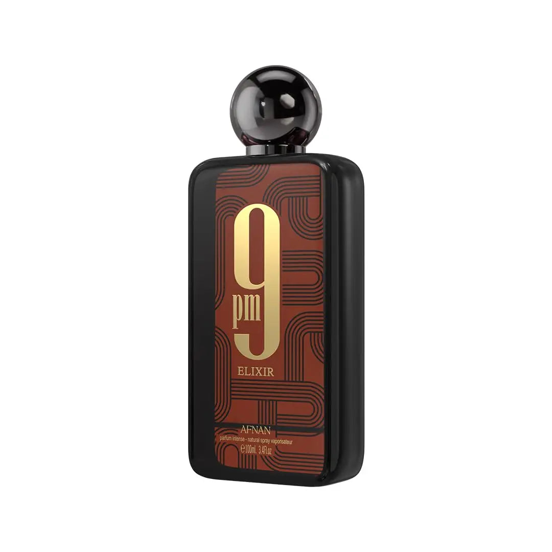 Afnan 9 PM Elixir unisex perfume bottle, 3.4 fl oz, sleek design with clear glass and black cap, on a neutral background.
