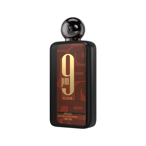 Afnan 9 PM Elixir unisex perfume bottle, 3.4 fl oz, sleek design with clear glass and black cap, on a neutral background.