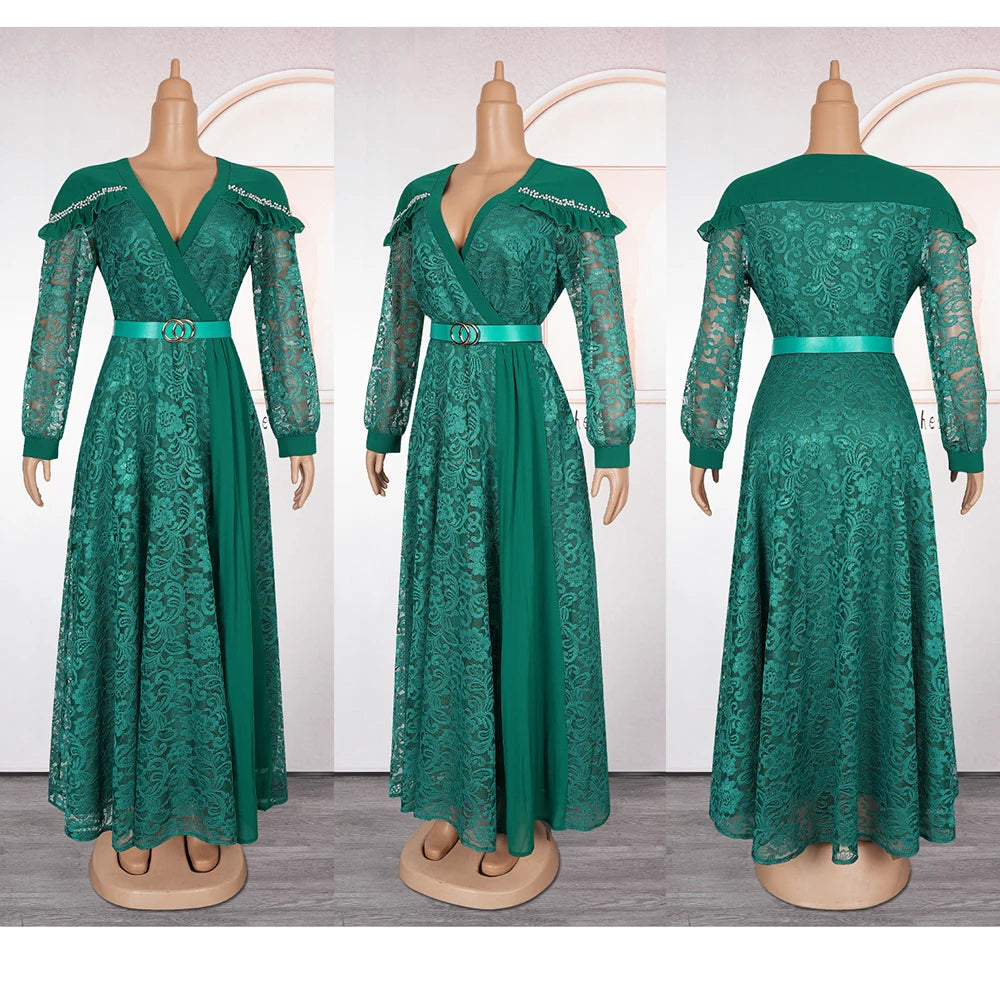 Elegant African women's summer lace dress featuring plus size, long style, perfect for evening parties and Muslim fashion.