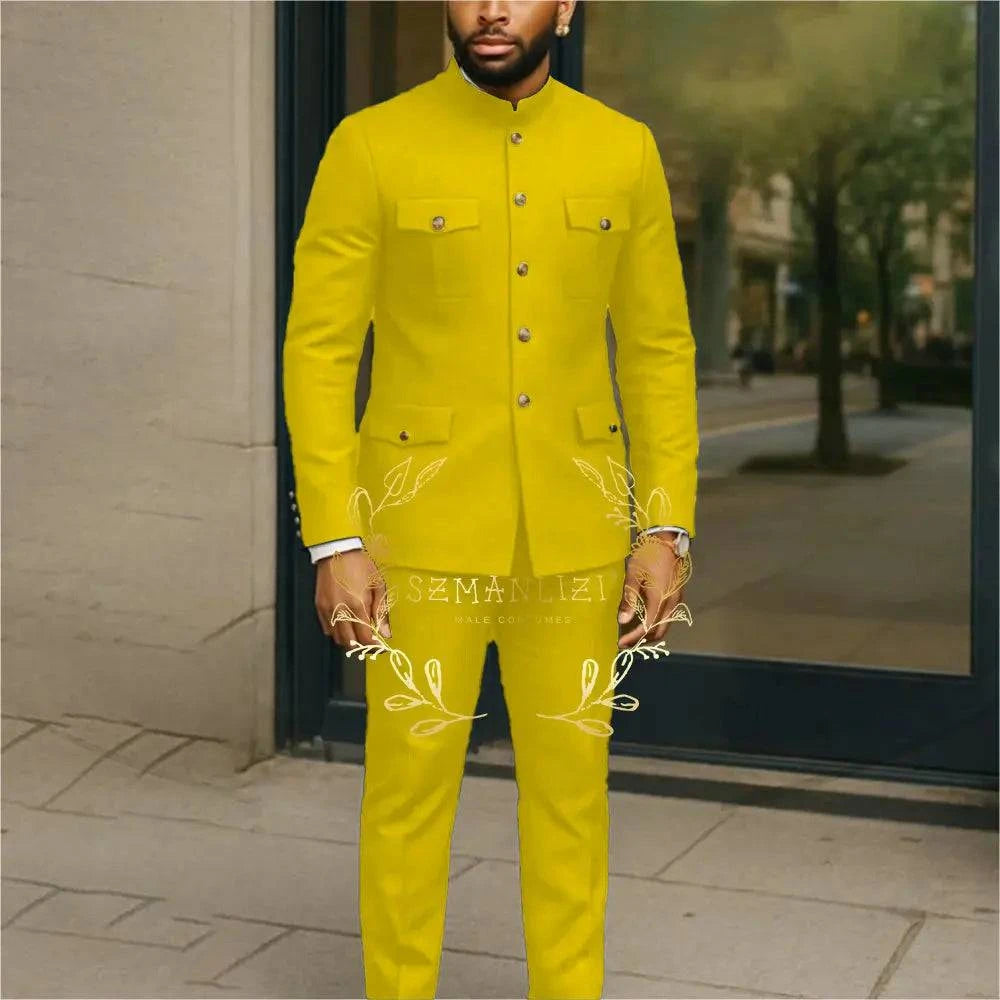 White stand collar men's suit set with single-breasted blazer and matching pants, suitable for business, groom, or wedding occasions.