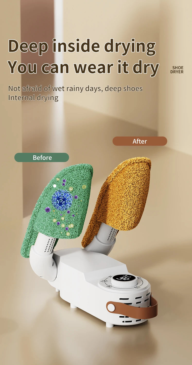Showlu Smart Electric Shoe Dryer with 150W power, portable design, deodorizer function, and timer for drying and freshening shoes.