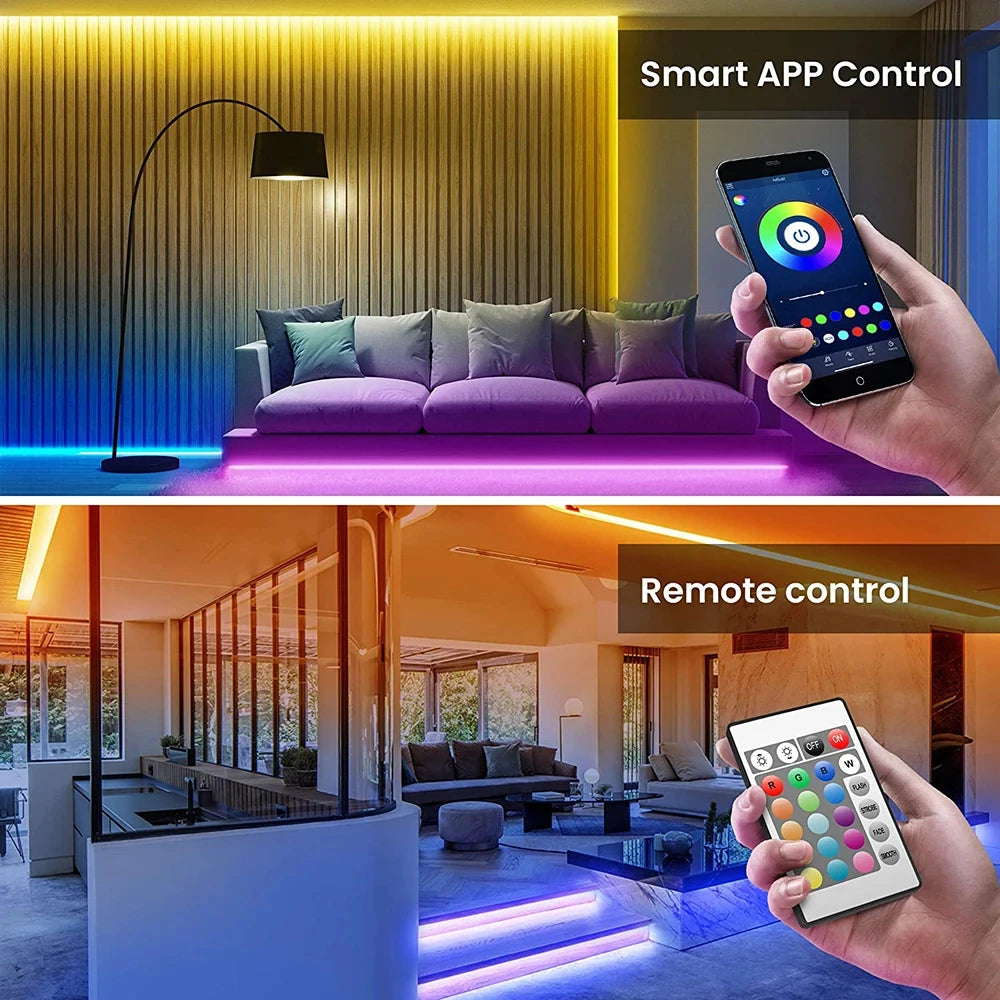 Flexible 5M WiFi RGB LED strip light by Showlu Smart General, showcasing vibrant multicolor lighting on a decorated wall.