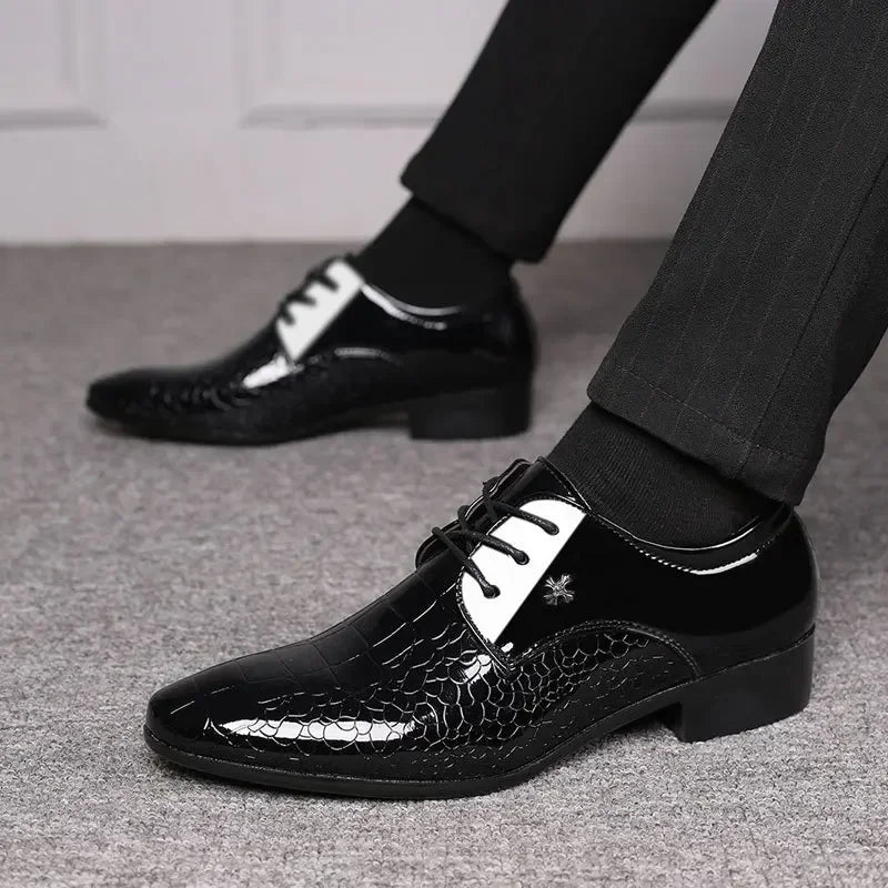 Men's luxury patent leather Oxford shoes with pointed toes, formal wedding derbies by SBIP, shown in black polish finish.