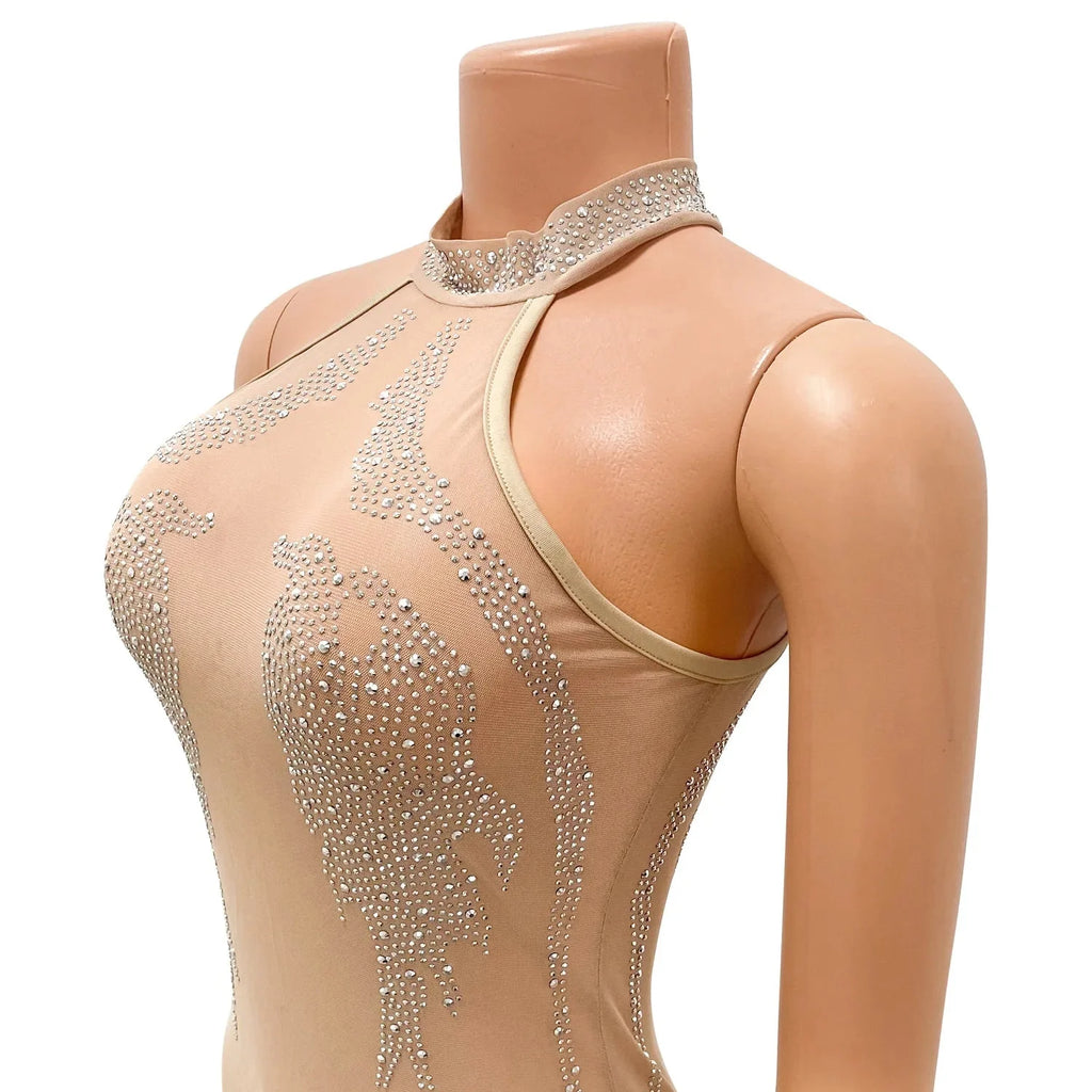 Risbrdfly Women's Rhinestone Mesh Mini Dress by SHOWLU FASHION STORE, showcasing a sexy black sheath bodycon style with rhinestone details.