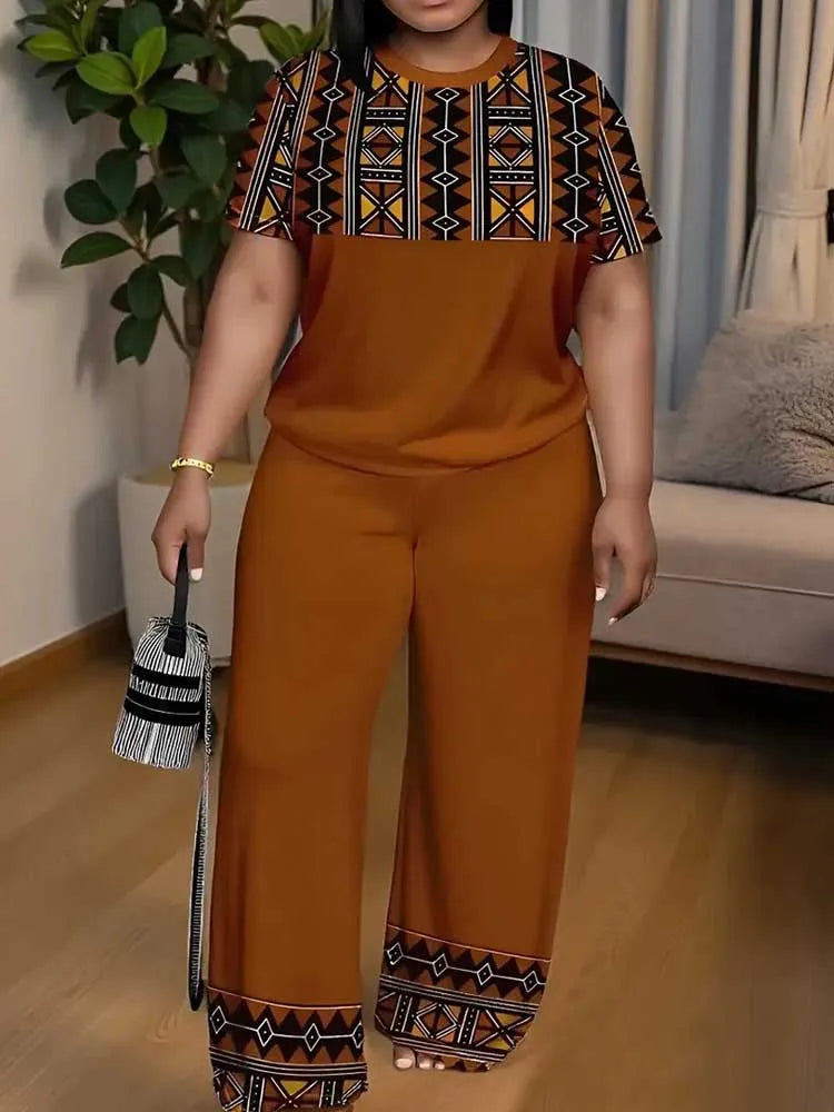 Casual summer ladies' streetwear top and pants set, plus size fashion outfit, shown in a stylish two-piece clothing set.