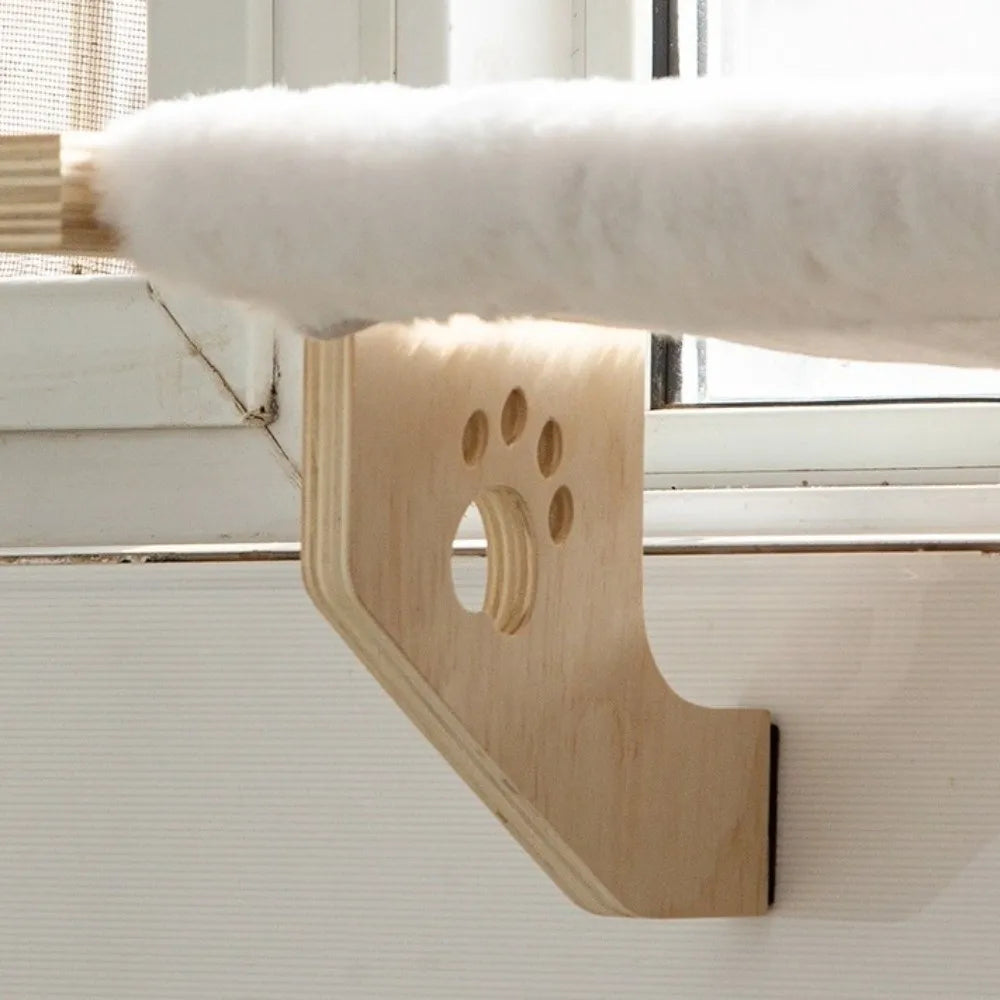 Showlu Wooden Frame Cat Window Hammock with paw print design, durable wooden bed for comfortable outdoor window lounging.
