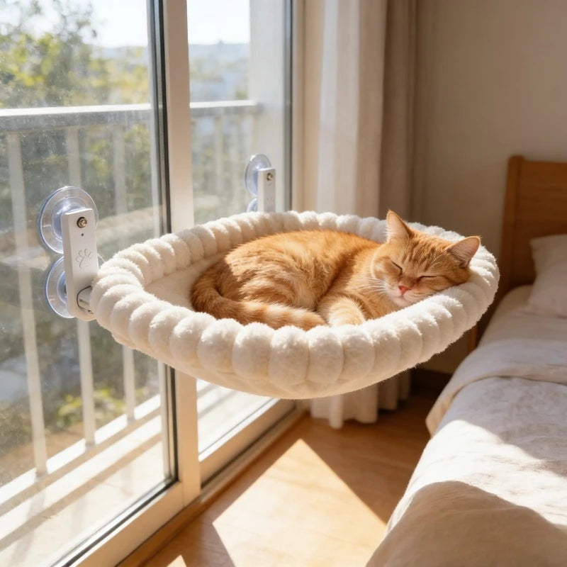 Foldable plush cat window hammock from Showlu Fashion with soft velvet material, designed for cozy feline lounging.