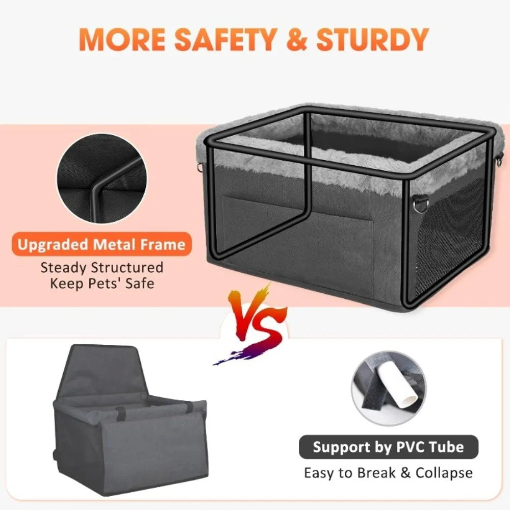 Showlu Height Increasing Dog Car Seat, portable nylon booster bed with secure straps for small dogs in a car interior.