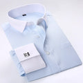 White men's dress shirt with French cufflinks, slim fit long sleeve tuxedo shirt, featuring white buttons and classic collar style.