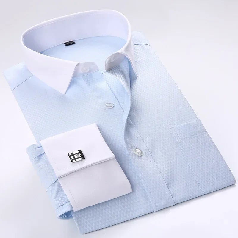 White men's dress shirt with French cufflinks, slim fit long sleeve tuxedo shirt, featuring white buttons and classic collar style.
