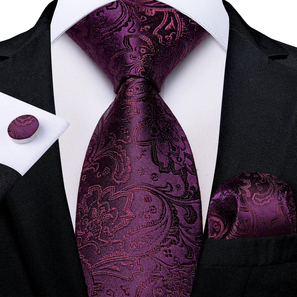 DiBanGu Ties For Men Purple Floral Paisley Necktie Business Formal 100% Silk Tie Pocket Square Set For Wedding Party Cravat