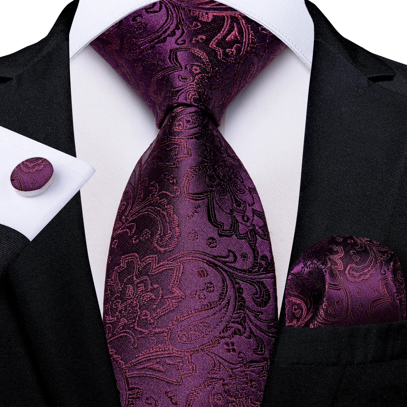 DiBanGu Ties For Men Purple Floral Paisley Necktie Business Formal 100% Silk Tie Pocket Square Set For Wedding Party Cravat