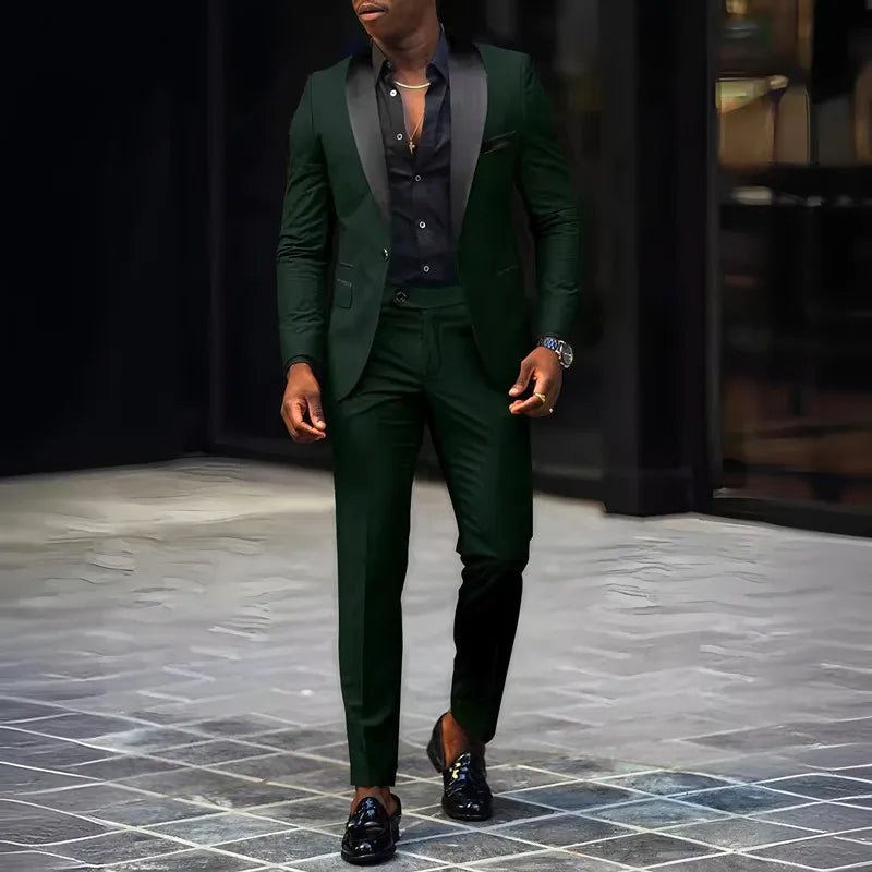 Slim fit men's wedding and business suit set with single button jacket and matching pants, stylish and tailored by Showlu Fashion.