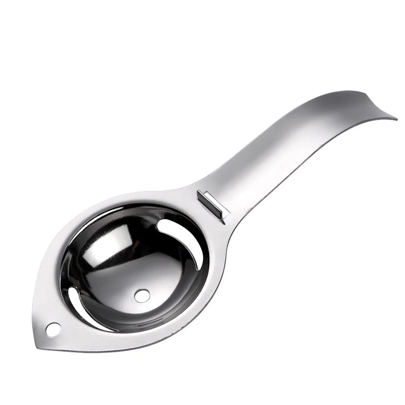 Stainless steel egg separator tool by Showlu Fashion Store with handle, for separating egg yolks and whites in baking and cooking.