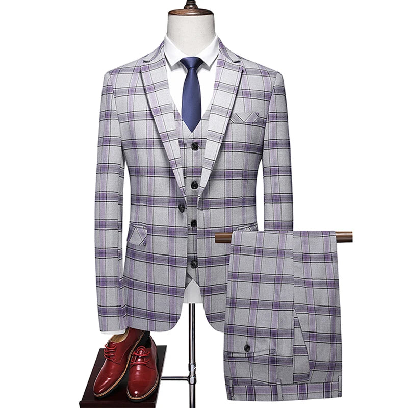 Men's High-End Plaid Three-Piece Suit Set European American Fashion Wedding Business Style Vest Trousers Included