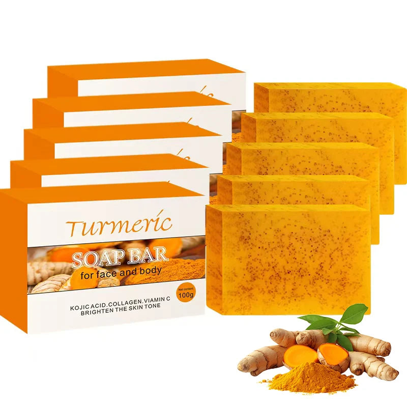 Set of 5 Showlu Fashion Store turmeric and lemon acid handmade soap bars for moisturizing and exfoliating face and body.