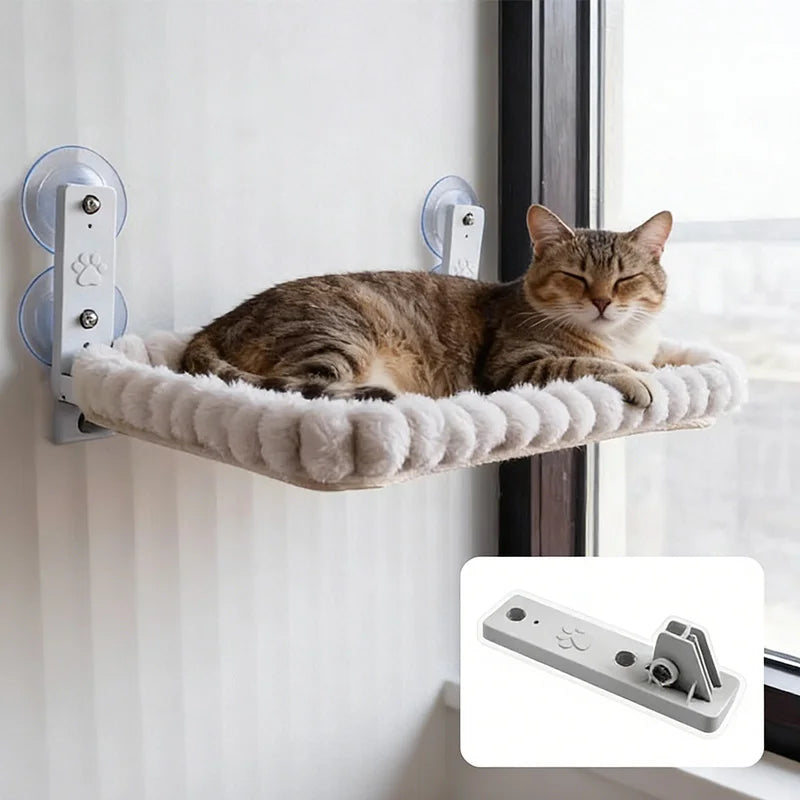 Showlu Cat Window Hammock with plastic perch and strong suction cups, designed for comfortable outdoor window lounging for cats.
