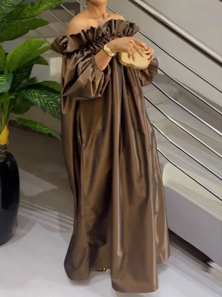 Freeacy Summer Women's Dress Solid Color Elastic Off-the-shoulder Puff Sleeve Loose Maxi Dress 2024 Fashion Casual Party Dresses