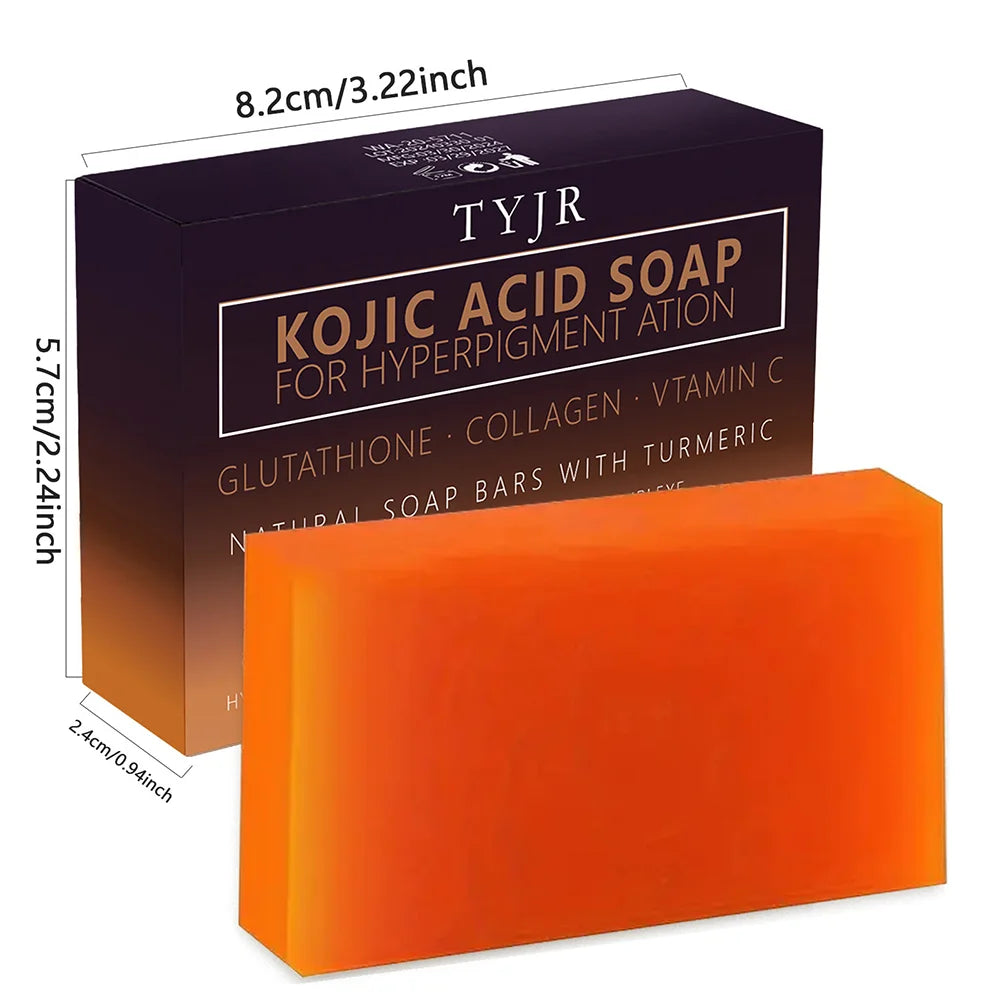 Handmade turmeric and kojic acid soap bar for face and body, designed for deep cleansing, exfoliation, and moisturizing.