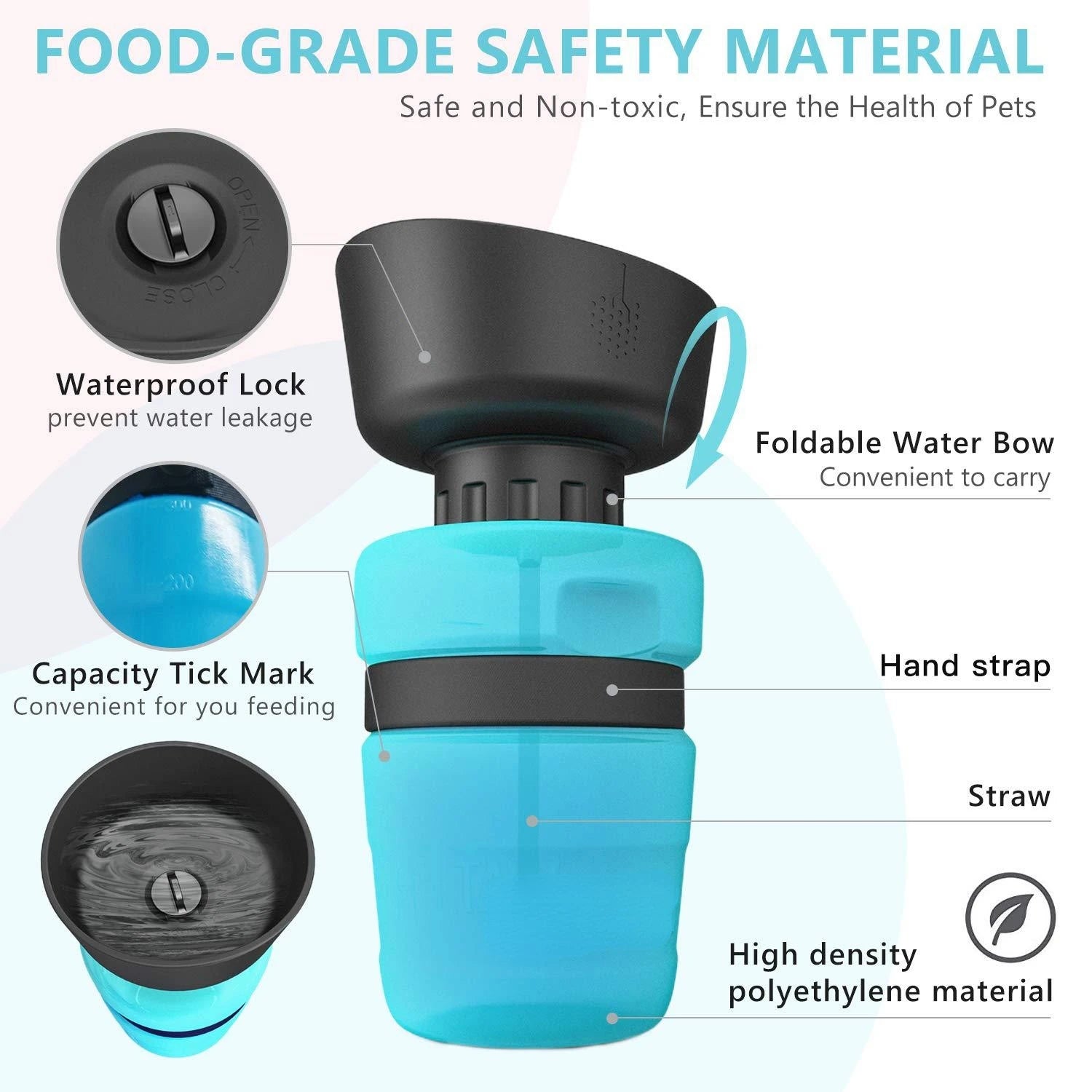 A portable blue pet water bottle with a foldable bowl, hand strap, and leak-proof locking lid.