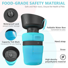 A portable blue pet water bottle with a foldable bowl, hand strap, and leak-proof locking lid.